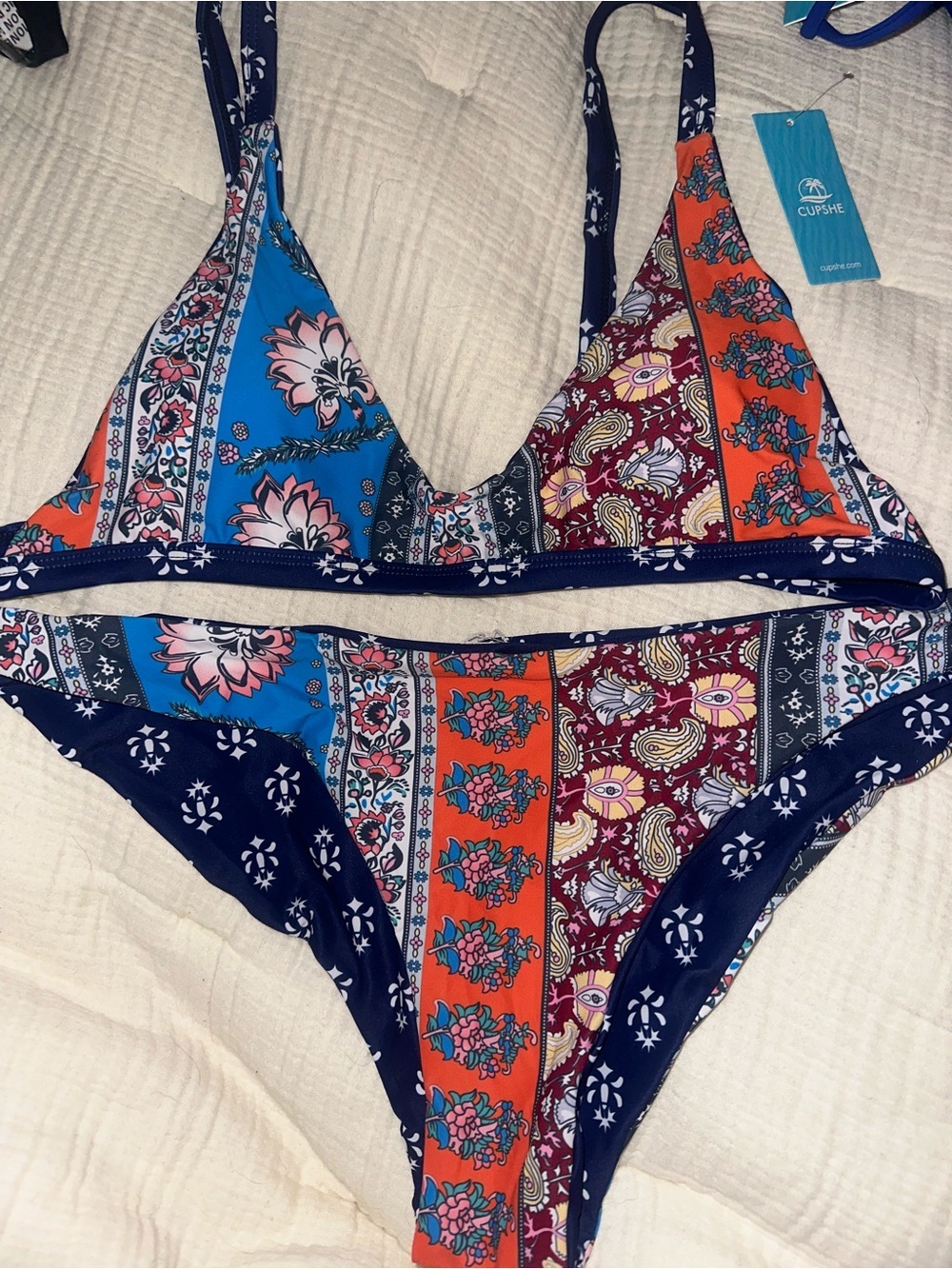 CUPSHE Multicolor Floral Patchwork Bikini - Blue, Orange, Burgundy, Navy -NWT XL